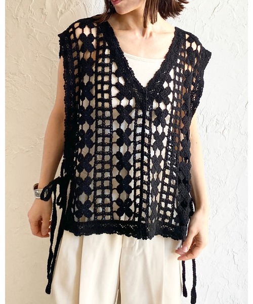 She's Closet ベスト ジレ ロング丈サイドリボン深Vネックかぎ