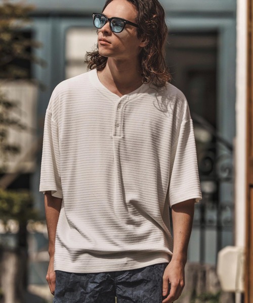 CAMBIO（カンビオ） tシャツ mt9657-Border Dobby Jacquard Henley