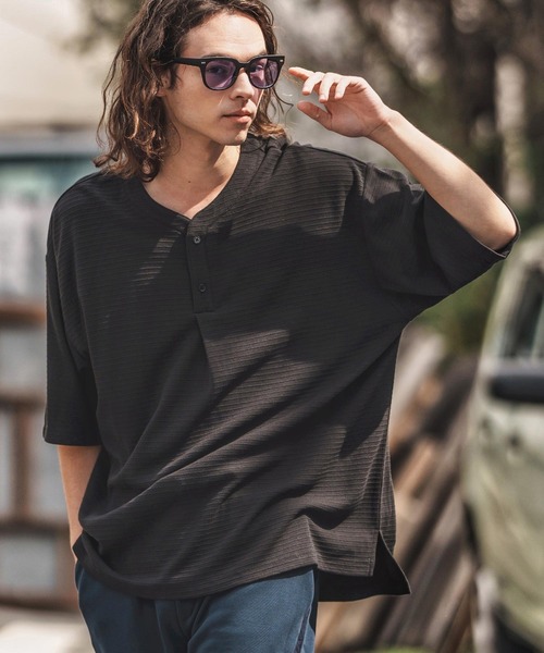 CAMBIO（カンビオ） tシャツ mt9657-Border Dobby Jacquard Henley