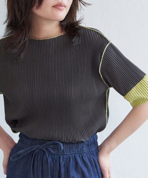 トップス Tetsu VENCE EXCHANGE tシャツ プリーツ袖配色トップス レディース