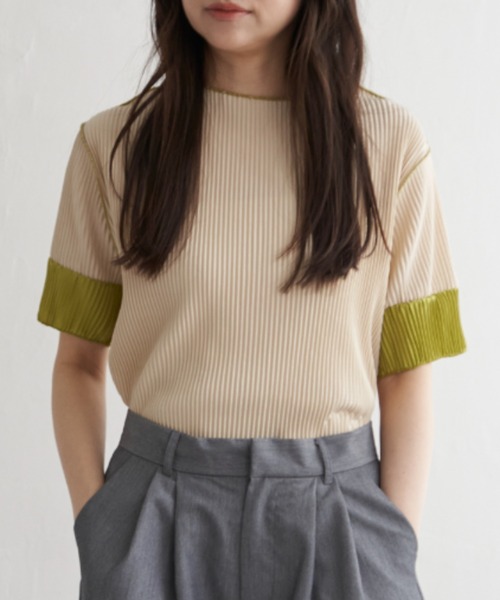 VENCE EXCHANGE tシャツ プリーツ袖配色トップス レディース