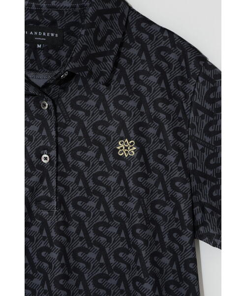 【美品】St ANDREWS SCOTLAND 半袖 ポロ ボタニカル柄 黒×白 STA柄チェッカー柄ジャガード半袖ポロシャツ (WOMENS) | St