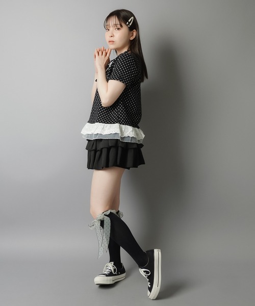 【日本製】ドットリボン半袖カットソー【アンプリ】 セール】ドットリボントップス（Tシャツ/カットソー