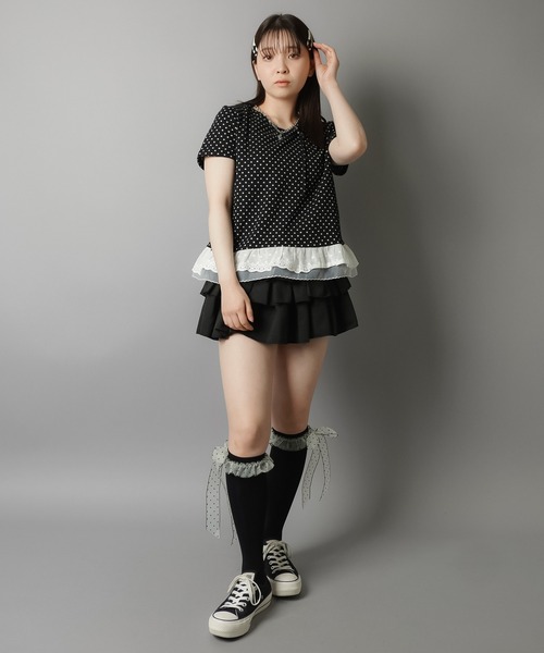 【日本製】ドットリボン半袖カットソー【アンプリ】 SPINNS tシャツ 肩リボン半袖カットソー/ドット/水玉柄