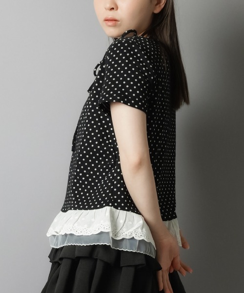 【日本製】ドットリボン半袖カットソー【アンプリ】 SPINNS tシャツ 肩リボン半袖カットソー/ドット/水玉柄