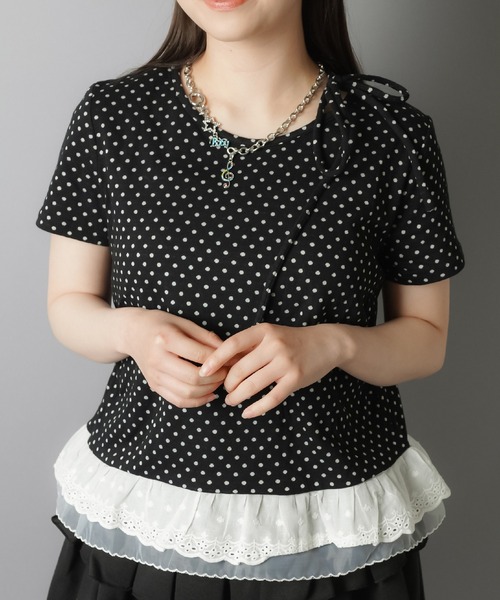 【日本製】ドットリボン半袖カットソー【アンプリ】 SPINNS tシャツ 肩リボン半袖カットソー/ドット/水玉柄