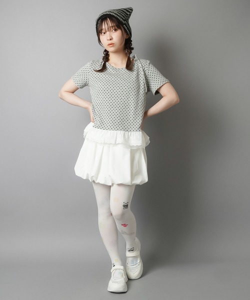 【日本製】ドットリボン半袖カットソー【アンプリ】 SPINNS tシャツ 肩リボン半袖カットソー/ドット/水玉柄