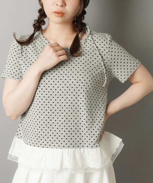 SPINNS tシャツ 肩リボン半袖カットソー/ドット/水玉柄