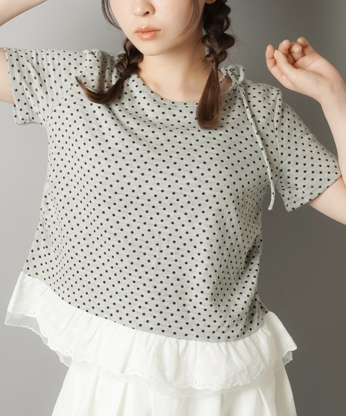 【日本製】ドットリボン半袖カットソー【アンプリ】 SPINNS tシャツ 肩リボン半袖カットソー/ドット/水玉柄