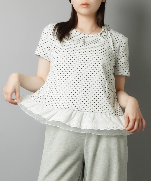 SPINNS tシャツ 肩リボン半袖カットソー/ドット/水玉柄
