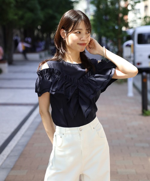 ボンジュールサガン BONJOUR SAGAN 2WAYフリルビスチェドッキングノースリブラウス （DARK-NAVY） ボンジュールサガン BONJOUR SAGAN 2WAYフリルビスチェ