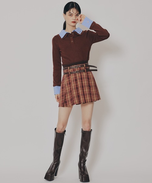 バーバリーブルーレーベル　ブラウン系　ミニスカート　レザーベルト　チェック　S REDYAZEL（レディアゼル） スカート ダブルベルトチェックプリーツミニ