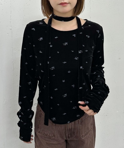 アルベロベロ 花柄 長袖Tシャツ （トレーナー）黒 archives（アルシーヴ） tシャツ 花柄シアーベロアTOPS レディース