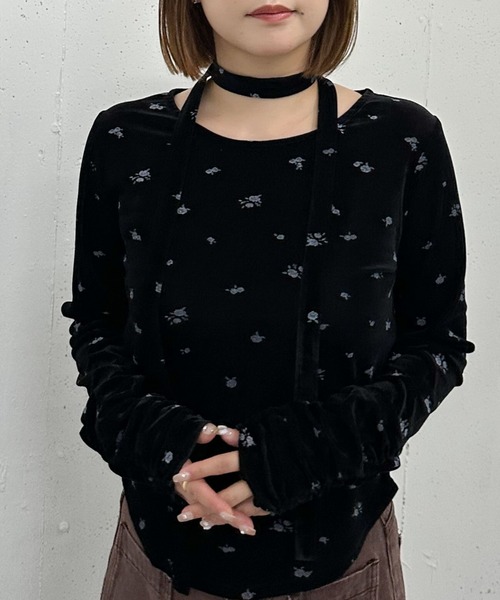 アルベロベロ 花柄 長袖Tシャツ （トレーナー）黒 archives（アルシーヴ） tシャツ 花柄シアーベロアTOPS レディース