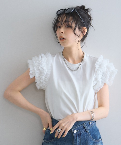 &. NOSTALGIA（ノスタルジア） tシャツ チュールフリルスリーブTシャツ