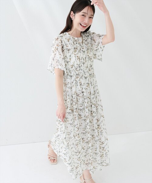 新品 定価3.6万 YLANG YLANG 日本製 フレンチスリーブワンピース natural couture ワンピース 変形シャーリングフレンチスリーブ
