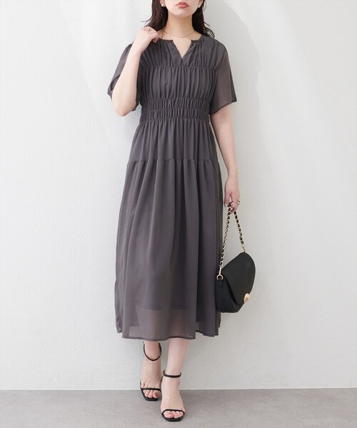 natural couture ワンピース 変形シャーリングフレンチスリーブ