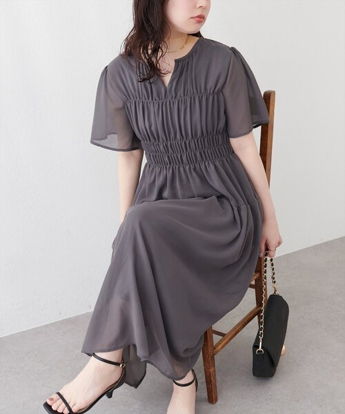 natural couture ワンピース 変形シャーリングフレンチスリーブ