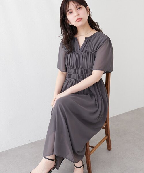 natural couture ワンピース 変形シャーリングフレンチスリーブ