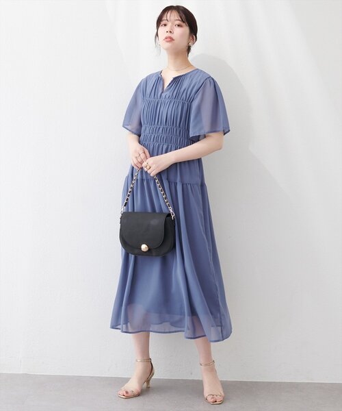 natural couture ワンピース 半袖 変形シャーリングフレンチスリーブ