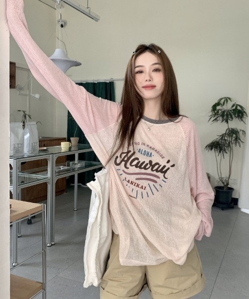 tシャツ ロゴプリントシアーラグランロングTシャツ レディース