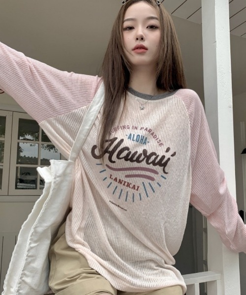 tシャツ ロゴプリントシアーラグランロングTシャツ レディース