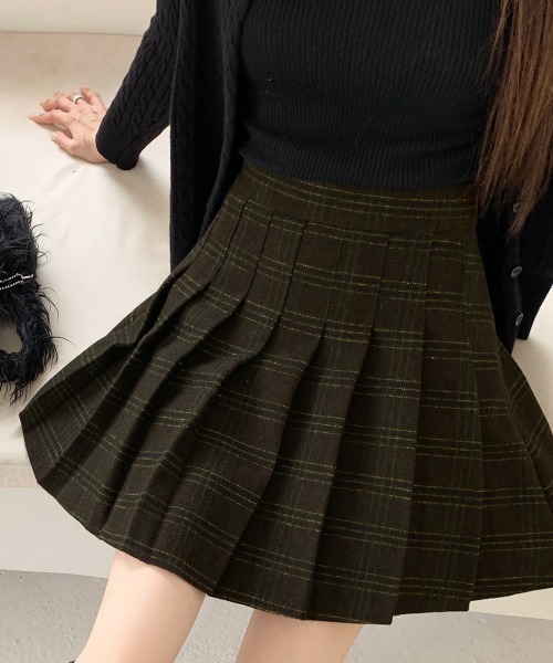 スカート チェック柄ハイウエストプリーツミニスカート スカパン