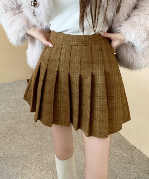 スカート チェック柄ハイウエストプリーツミニスカート スカパン