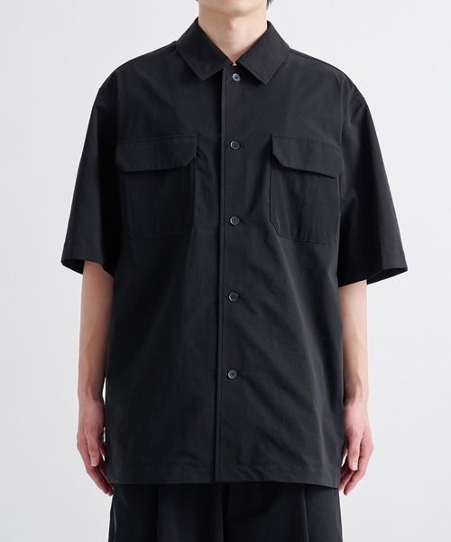 ATON ブラック ボタン付き長袖シャツ　アローズ 別注　エイトン セール】【ATON】HAND DYED NYLON SHIRT JACKET（シャツ