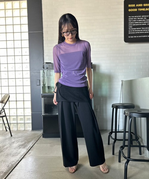 トップス カットソー 五分袖 異素材 透け感 大人の可愛げを引き出す シアースリーブトップス ライトブルー 春 OTONA 40代 50代 60代 Kotoe tシャツ シアートップス シースルーカットソー 五分袖