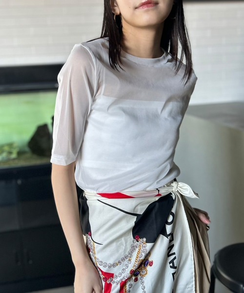 五分袖 トップス シアー切替5分袖リブニットトップス｜WOMEN｜250HSF70-143B