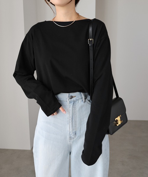 ブラック ボートネック 長袖トップス andme（アンドミー） tシャツ ボートネック長袖トップス レディース