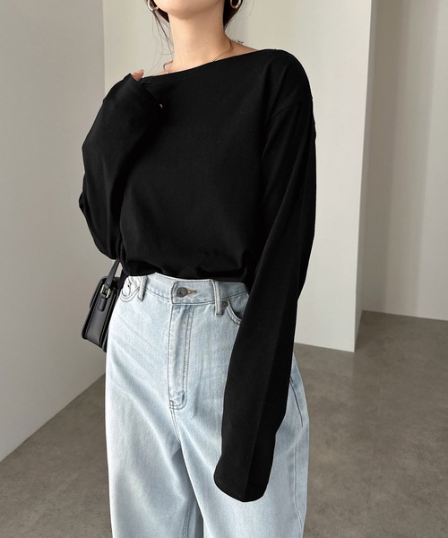 ブラック ボートネック 長袖トップス andme（アンドミー） tシャツ ボートネック長袖トップス レディース