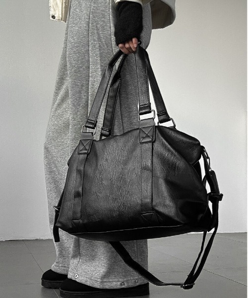 Y2K ミリタリー レザー×キャンバス ボストン 大容量 FREE STYLISTS ボストンバッグ Y2K キャリーオントラベルボストンBAG