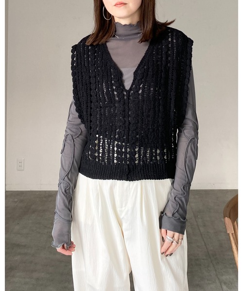 She's Closet ベスト ジレ ショート丈深Vネックかぎ編みクロシェ