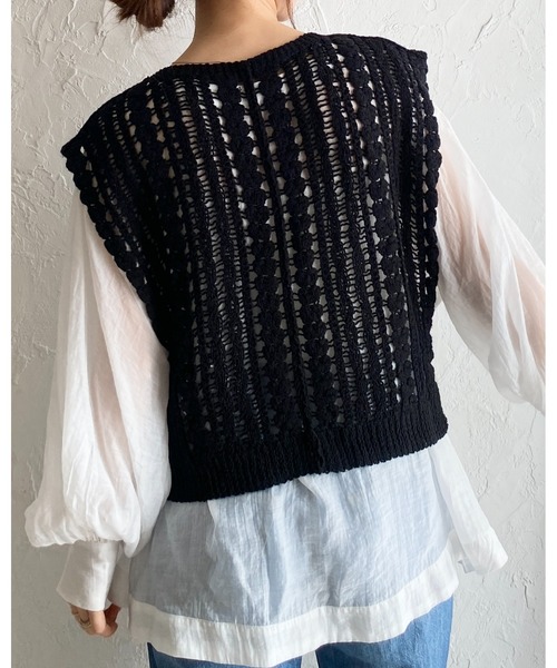 She's Closet ベスト ジレ ショート丈深Vネックかぎ編みクロシェ