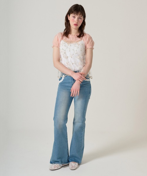 TINA：JOJUN ブラウス シャツ 花柄刺繍 シアーギャザーブラウス