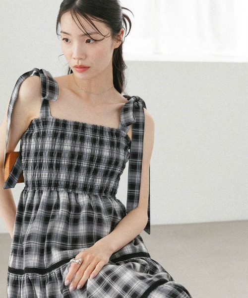 Heather ワンピース オンブレチェックリボンキャミワンピース