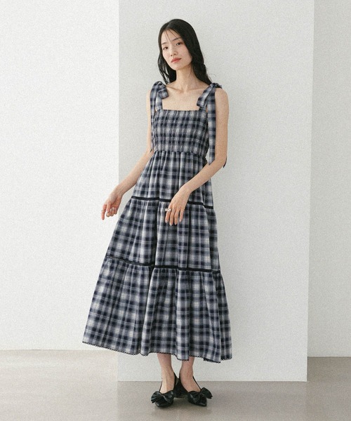 Heather ワンピース オンブレチェックリボンキャミワンピース