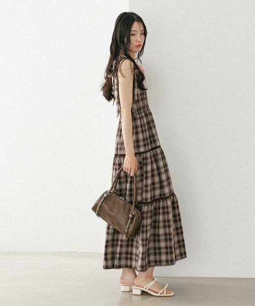 Heather ワンピース オンブレチェックリボンキャミワンピース