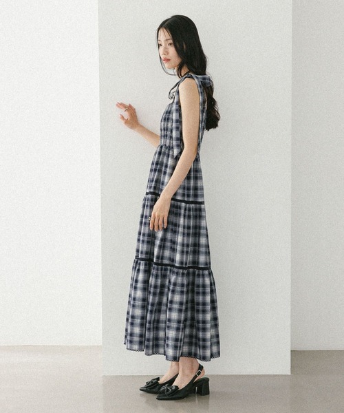 Heather ワンピース オンブレチェックリボンキャミワンピース