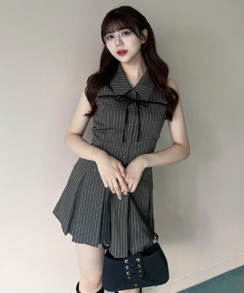 YUI企画　ノースリーブシャツミニワンピース　チャコールグレー　ストライプ OLIVE des ワンピース YUI企画 ノースリーブシャツミニ