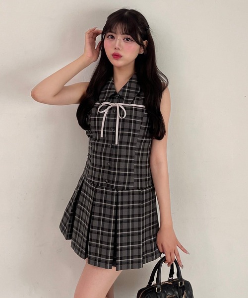 YUI企画　ノースリーブシャツミニワンピース　チャコールグレー　ストライプ OLIVE des ワンピース YUI企画 ノースリーブシャツミニ