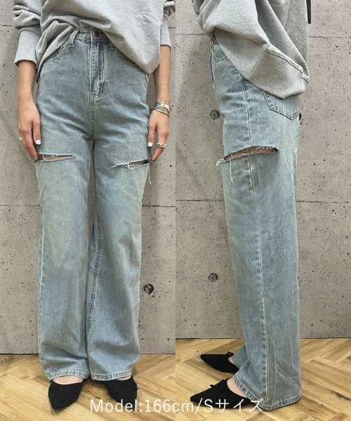 「DONOBAN」 ダメージ加工デニムパンツ L ブルー レディース
