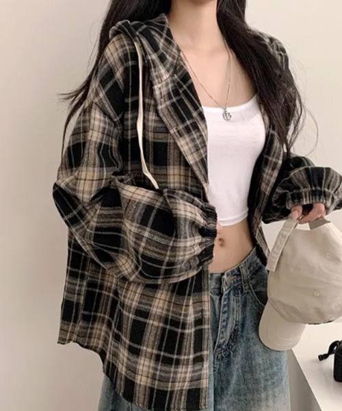ブラウス シャツ フード付き チェックシャツ レディース : ZOZOTOWN