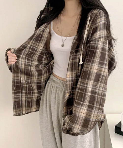 ブラウス シャツ フード付き チェックシャツ レディース : ZOZOTOWN 
