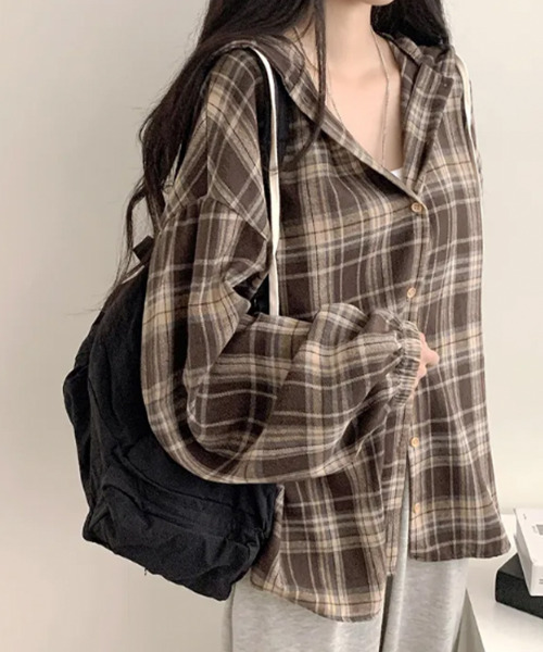 ブラウス シャツ フード付き チェックシャツ レディース : ZOZOTOWN