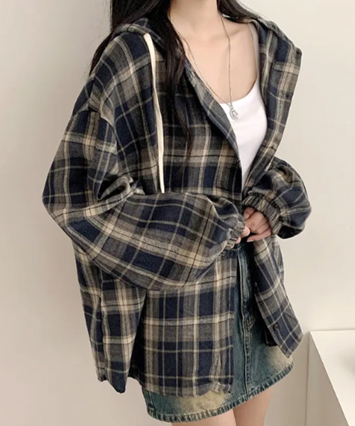 ブラウス シャツ フード付き チェックシャツ レディース : ZOZOTOWN