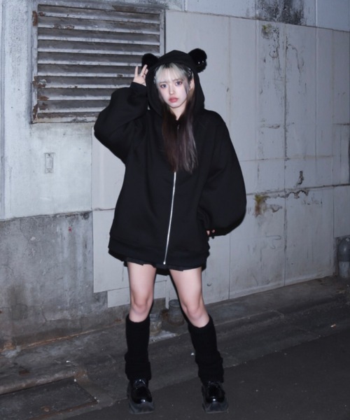 【廃盤品】TRAVAS TOKYO クマ　安全ピンZIPパーカー　ブラック TRAVAS TOKYO (トラバス トーキョー) クマ耳プリントジップアップ