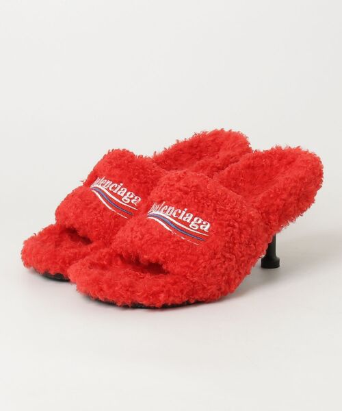 BALENCIAGA（バレンシアガ） ロゴ ムートン ボア ミュール 37 レッド
